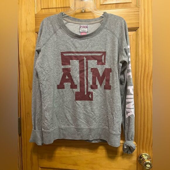 PINK Texas A&M burgundy glitter on gray lightweight sweatshirt size M - Picture 1 of 7